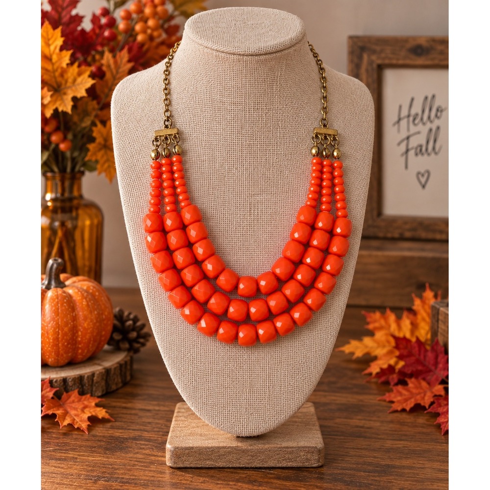 Costume Beaded Necklace Womens Orange Triple Layer Chunky Faceted Autumn Jewelry